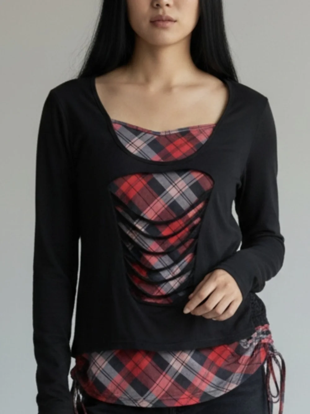 Black Long-Sleeve Layered Look Top with Red Plaid Insets